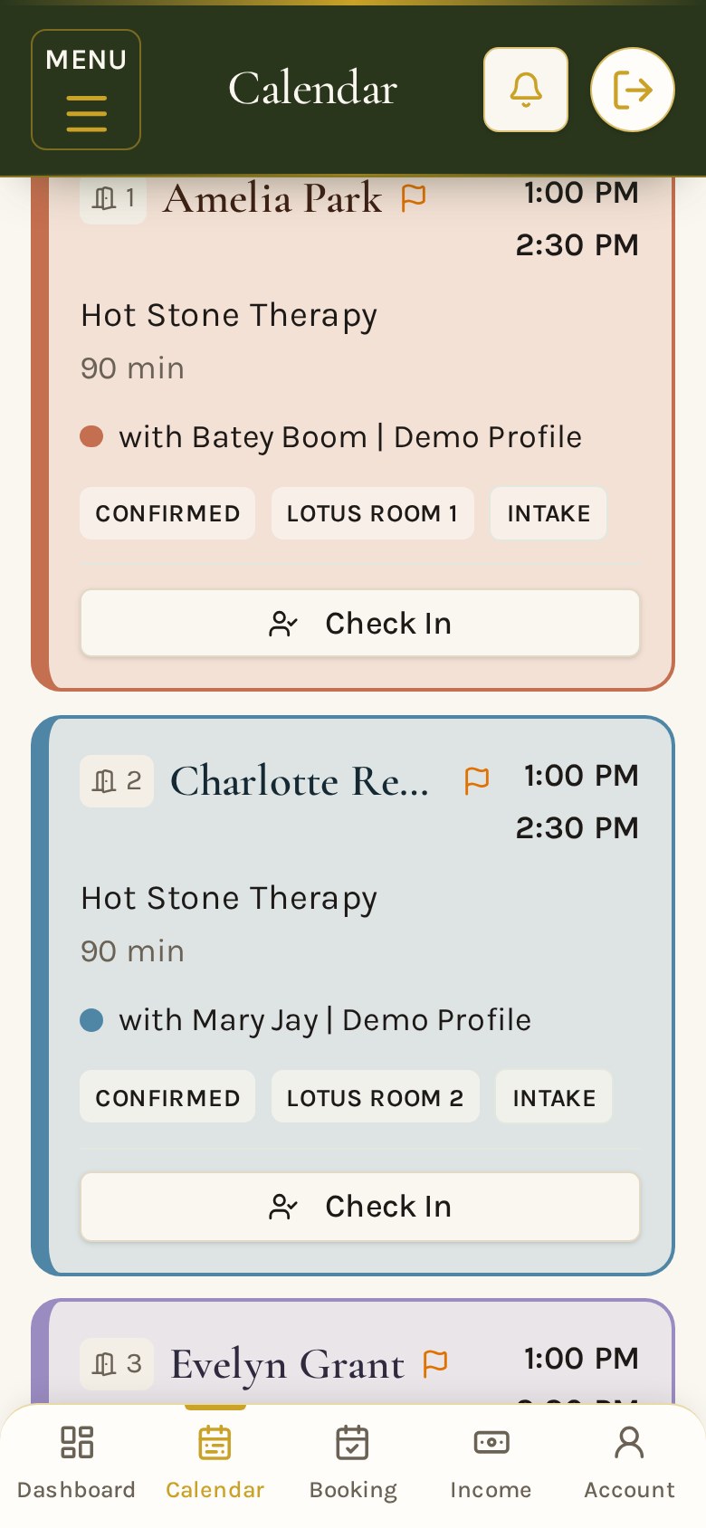 ArriveZen phone calendar showing a fictional Zen Spa appointment with Mary Jay, intake status and check-in
