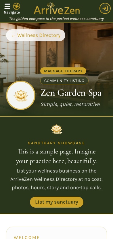 ArriveZen sample massage studio page on a phone