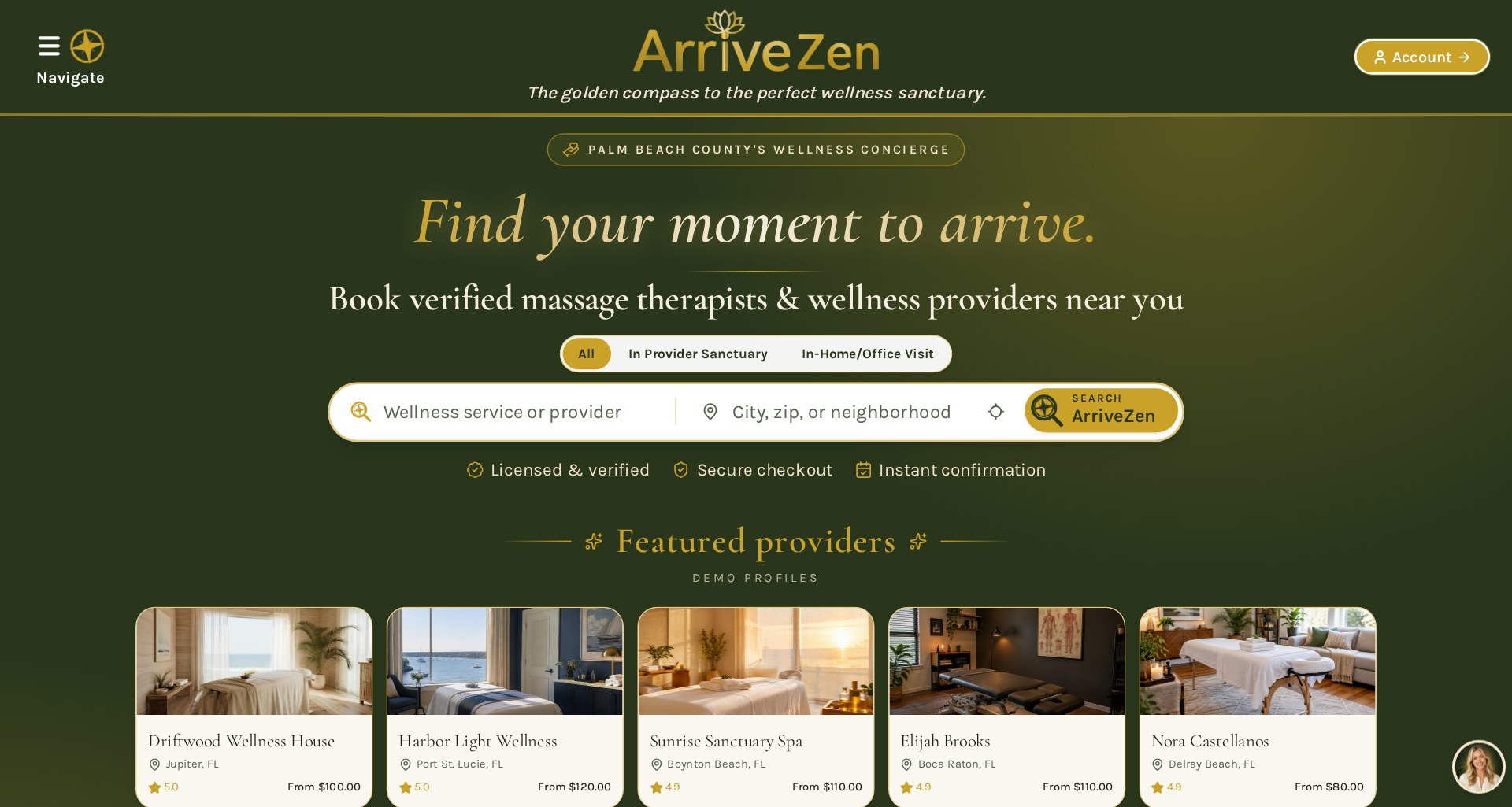 ArriveZen marketplace preview with sample providers